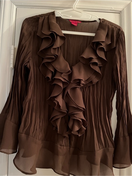 Sunny Leigh Tops - Sunny Leigh Brown Ruffle Front Blouse
